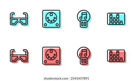 Set line Pause button, Glasses, Drum machine and Music equalizer icon. Vector