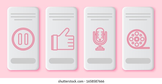 Set line Pause button, Hand like, Microphone and Film reel. White rectangle button. Vector