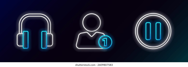 Set line Pause button, Headphones and Add friend icon. Glowing neon. Vector