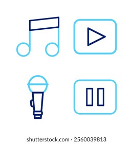 Set line Pause button, Microphone, Play and Music note, tone icon. Vector