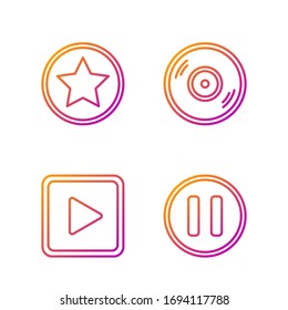 Set line Pause button, Play in square, Star and Vinyl disk. Gradient color icons. Vector