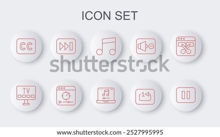 Set line Pause button, Smart Tv, Music note, tone, Repeat track music player, Subtitles, Fast forward, Online video and Laptop with icon. Vector