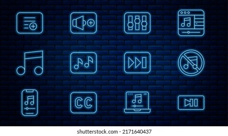 Set line Pause button, Speaker mute, Sound mixer controller, Music note, tone, Add playlist, Fast forward and volume icon. Vector