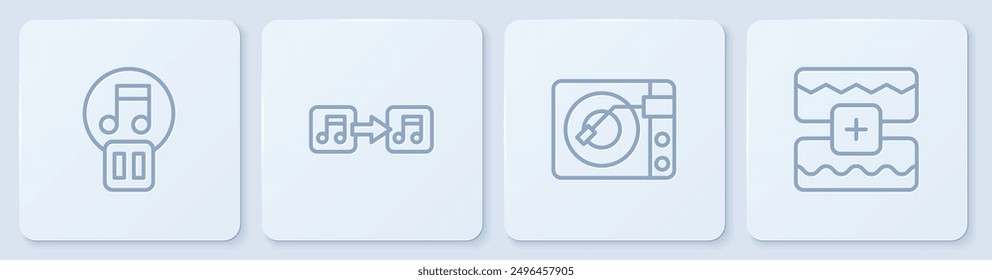 Set line Pause button, Vinyl player with vinyl disk, Music note, tone and wave equalizer. White square button. Vector