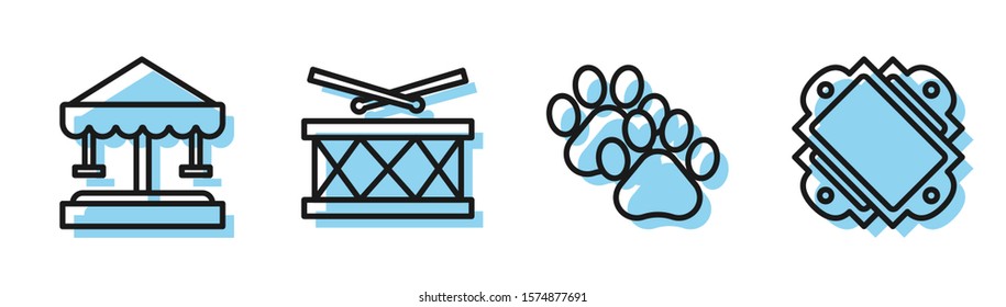 Set line Paw print, Attraction carousel, Drum with drum sticks and Ticket icon. Vector