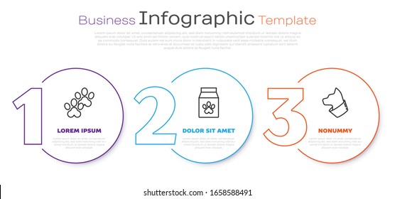 Fije la línea Paw print, Bolsa de alimentos para mascota y Cat. Plantilla de infografía empresarial. Vector