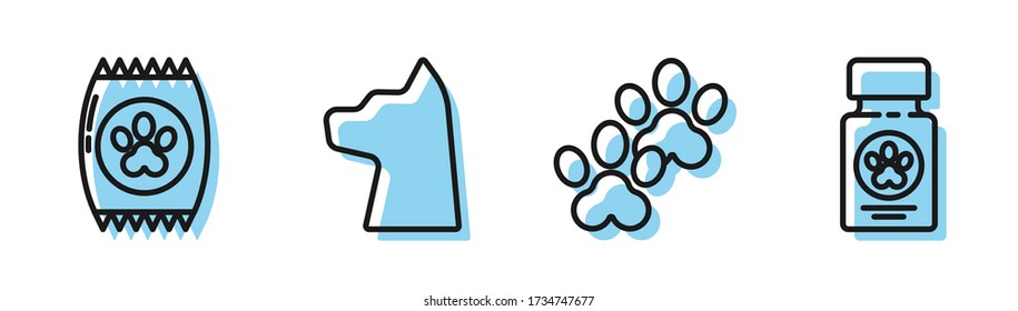 Set line Paw print, Bag of food for pet, Cat and Dog medicine bottle and pills icon. Vector