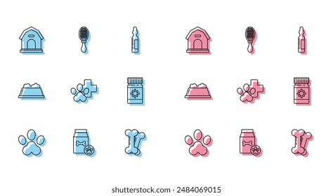 Set line Estampado de pata, bolsa de alimentos para mascotas, casa del perro, hueso, símbolo de clínica veterinaria, botella de medicina y pastillas, tazón para mascotas y cepillo de pelo perro gato icono. Vector