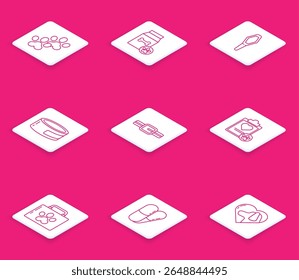 Set line Paw print, Bag of food for pet, Pets vial medical, Canned, Collar with name tag, Clipboard clinical record, first aid kit and Dog and pills icon. Vector
