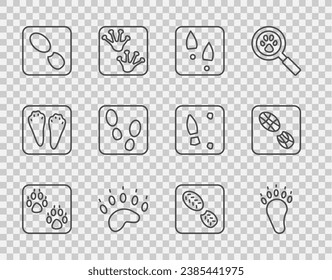 Set line Paw print, Bear paw footprint, Human footprints shoes,  and  icon. Vector