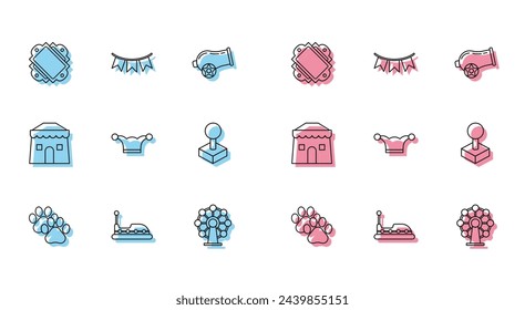 Set line Paw print, Bumper car, Ticket, Ferris wheel, Jester hat with bells, Joystick for arcade machine, Circus tent and Carnival garland flags icon. Vector
