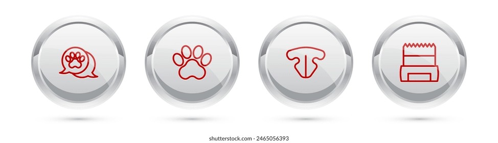 Set line Estampado de pata, nariz de gato y bolsa de mierda de perro. Botón círculo plateado. Vector