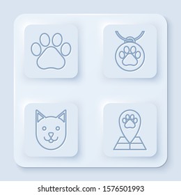 Set line Paw print, Collar with name tag, Cat and Map pointer with veterinary medicine hospital. White square button. Vector