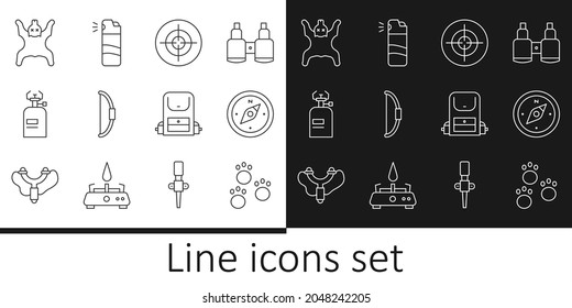 Fijar la línea Paw print, Compass, Deportes de destino, Bow, estufa de gas de camping, piel de oso, mochila de senderismo e icono de rociador de Pepper. Vector