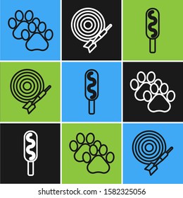 Set line Paw print, Corn dog and Classic dart board and arrow icon. Vector