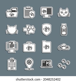 Set line Paw print, Dog and pills, Pets vial medical, Clinical record pet on monitor, Veterinary clinic, Cat, Medical veterinary folder and Animal health insurance icon. Vector