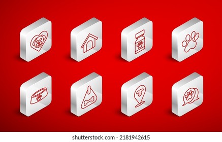 Set line Paw print, Dog house, Medicine bottle and pills, Cat nose, Heart with dog, collar and Pet food bowl icon. Vector