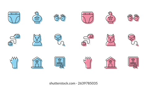 Set line Paw print, Dog house and paw, Diaper for dog, Certificate cat, Cat, Retractable cord leash,  and Pet shampoo icon. Vector