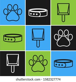 Set line Paw print, Dustpan and Collar with name tag icon. Vector