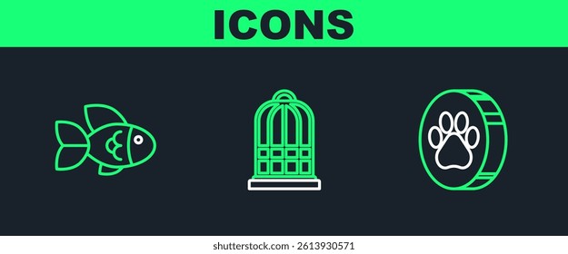 Set line Paw print, Fish and Cage for birds icon. Vector