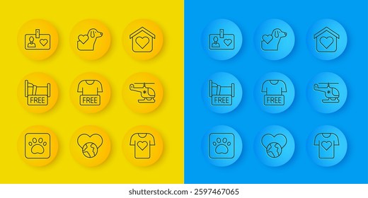 Set line Paw print, Free overnight stay house, Clothes donation, Rescue helicopter, Volunteer id card or badge, Shelter for homeless and Heart with dog icon. Vector