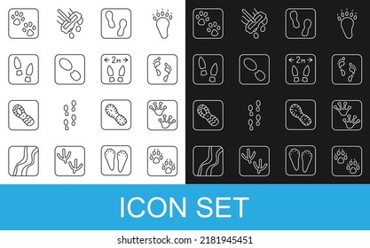 Set line Paw print, Frog paw footprint, Human, footprints shoes,  and Safe distance icon. Vector