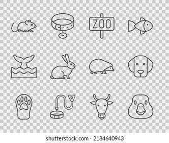 Set line Paw print, Goose bird, Zoo park, Collar with name tag, Rat, Rabbit, Cow head and Dog icon. Vector