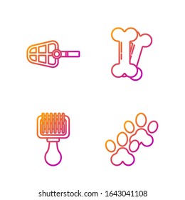 Set line Paw print, Hair brush for dog and cat, Dog muzzle and Dog bone. Gradient color icons. Vector