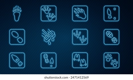 Set line Paw print, Human footprints shoes, Alligator crocodile, Mop, Bear paw, Dove and Frog icon. Vector