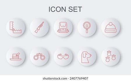 Fijar la línea Paw print, sombrero Hunter con pluma, mochila de senderismo, perro, caza de trampas, escopeta, Binoculares y lentes icono. Vector