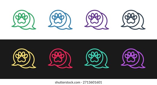 Set line Paw print icon isolated on black and white background. Dog or cat paw print. Animal track.  Vector