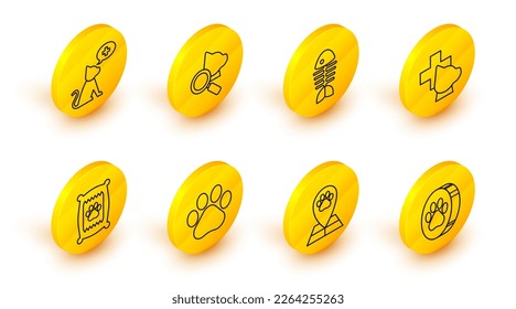 Set line Paw print, Map pointer with veterinary medicine hospital, Bag of food for dog, Veterinary clinic symbol, Fish skeleton,  and  icon. Vector