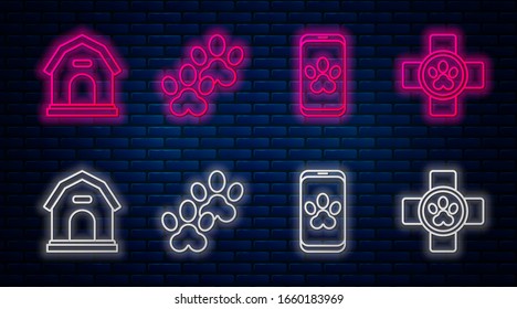 Set line Paw print, Online veterinary clinic symbol, Dog house and Veterinary clinic symbol. Glowing neon icon on brick wall. Vector