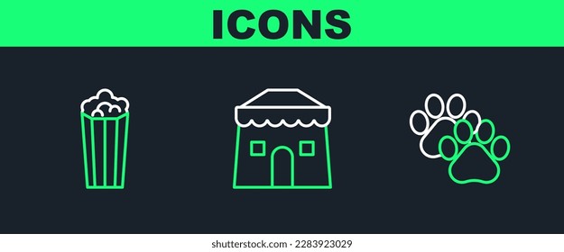 Set line Paw print, Popcorn cardboard box and Circus tent icon. Vector