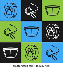 Set line Paw print, Protective cone collar and Veterinary clinic symbol icon. Vector
