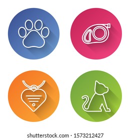 Set line Paw print, Retractable cord leash with carabiner, Collar with name tag and heart and Cat. Color circle button. Vector