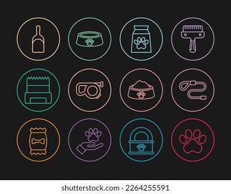 Set line Paw print, Retractable cord leash, Bag of food for pet, Dog shit bag, Dustpan, Pet bowl and  icon. Vector