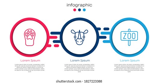 Set line Paw print, Rhinoceros and Zoo park. Business infographic template. Vector
