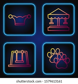 Set line Paw print, Swing, Jester hat with bells and Attraction carousel. Gradient color icons. Vector