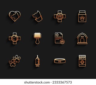 Fijar la línea Paw print, Syringe con vacuna para mascotas, Heart cat, Cuenco de comida para mascotas, Botella y píldoras de medicina para perros, Pincel de pelo para perros, casa y icono del registro clínico del Portapapeles. Vector