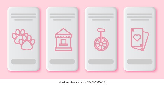 Set line Paw print, Ticket box office, Unicycle or one wheel bicycle and Playing card. White rectangle button. Vector