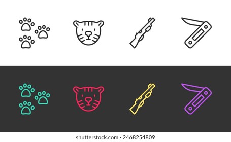 Estampado de pata, cabeza de tigre, pistola de caza y cuchillo suizo en blanco y negro. Vector