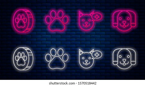 Set line Paw print, Veterinary clinic symbol, Paw print and Dog. Glowing neon icon on brick wall. Vector