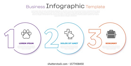 Set line Paw print, Veterinary clinic symbol and Pet carry case. Business infographic template. Vector