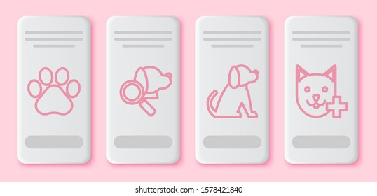 Set line Paw print, Veterinary clinic symbol, Dog and Veterinary clinic symbol. White rectangle button. Vector