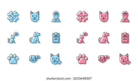 Set line Paw print, Veterinary clinic symbol, Crossed bones, Dog, Clipboard with medical clinical record pet,  and Cat icon. Vector