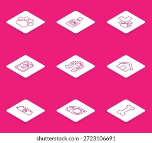 Set line Paw print, Veterinary clinic symbol, Clipboard with medical clinical record pet, Hands animals footprint, house, Pet food bowl for cat dog and Retractable leash carabiner icon. Vector