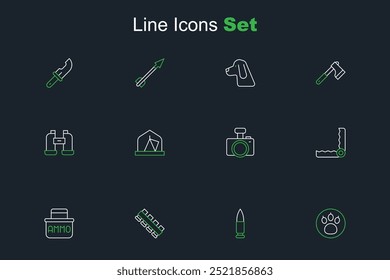 Fije la búsqueda de la pata, bala, correa del cartucho de la caza, caja de la munición, caza de la trampa, cámara de la foto, tienda del turista y icono de los binoculares. Vector