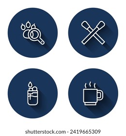 Set line Paw search, Burning match with fire, Lighter and Coffee cup with long shadow. Blue circle button. Vector