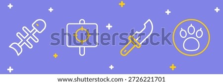 Set line Paw search, Hunter knife, Target sport and Dead fish icon. Vector